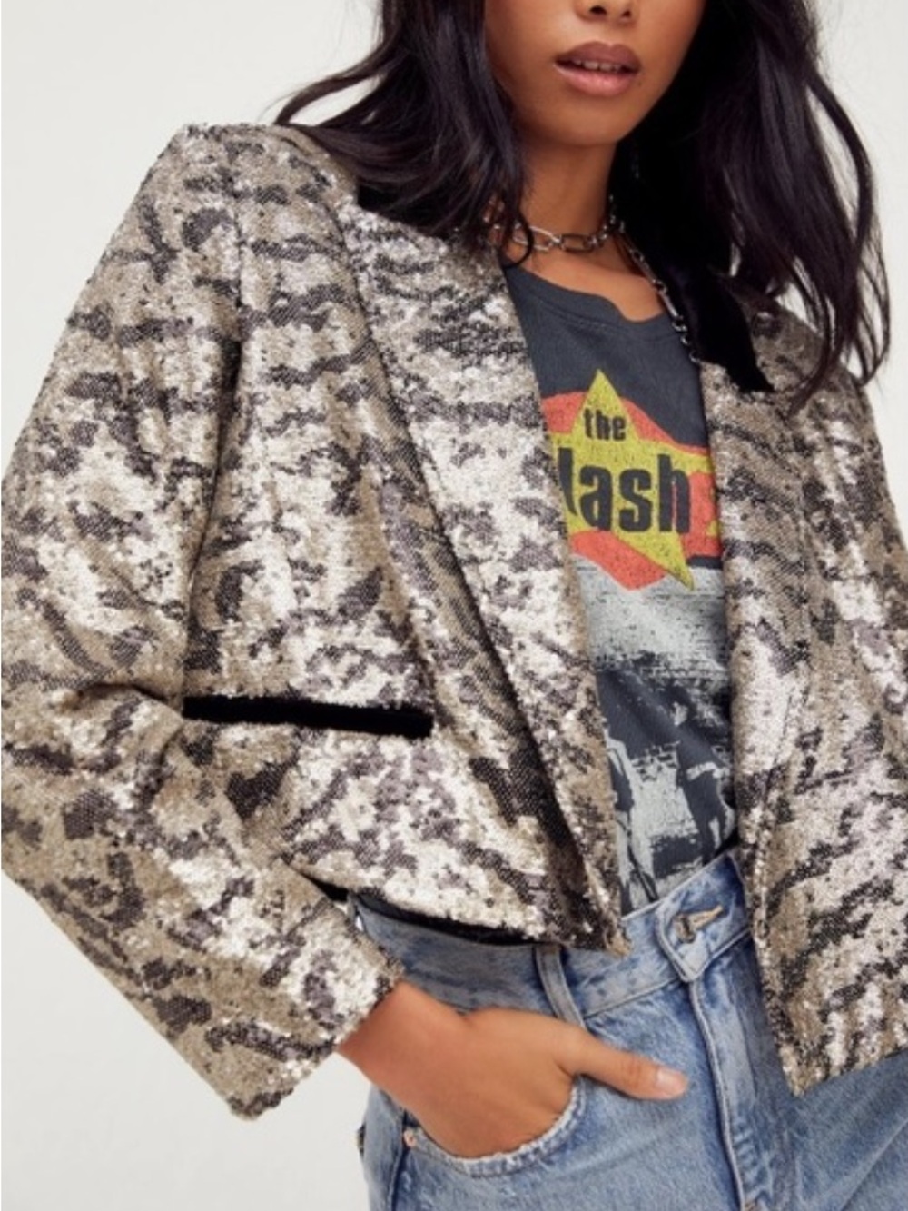 NWT Free People Ari Sequin Cropped Blazer XL Tiger Eye Velvet Trim Party Glam